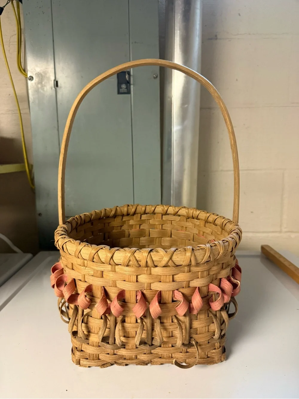 Vintage Hand Crafted Tan Woven Basket with Pink Flower Accent Signed 1987